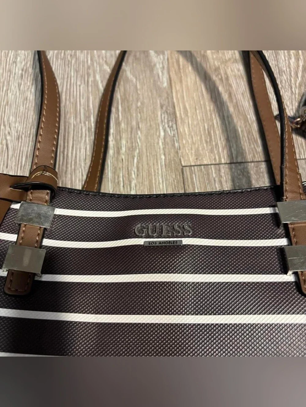 GUESS Brown & White Striped Leather-Trim Tote With Wallet